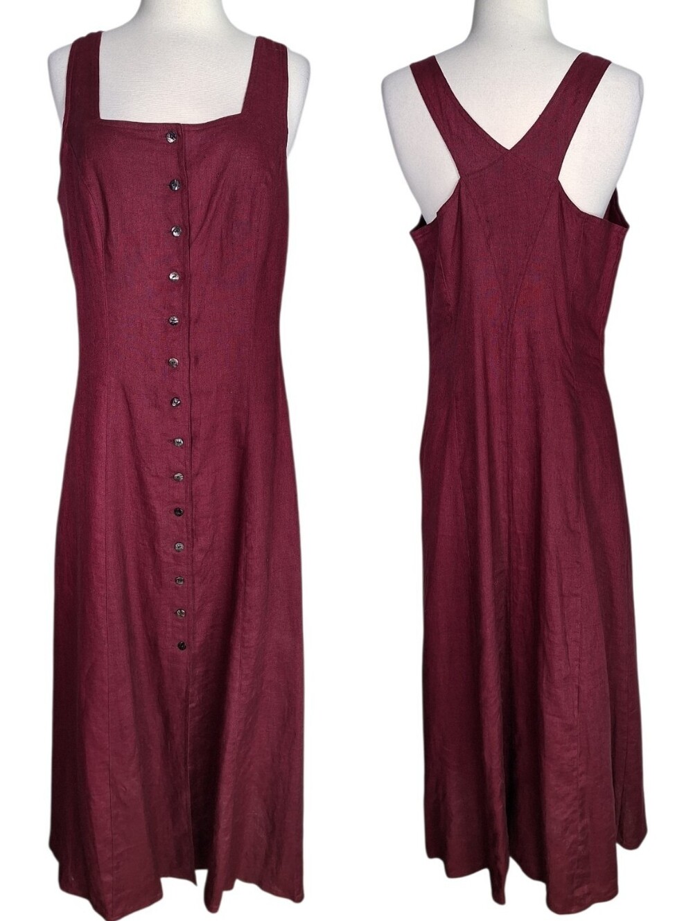 Vintage 90s Button Front 100% Linen Minimalist Maxi Dress M Whimsigoth Burgundy - Picture 1 of 7